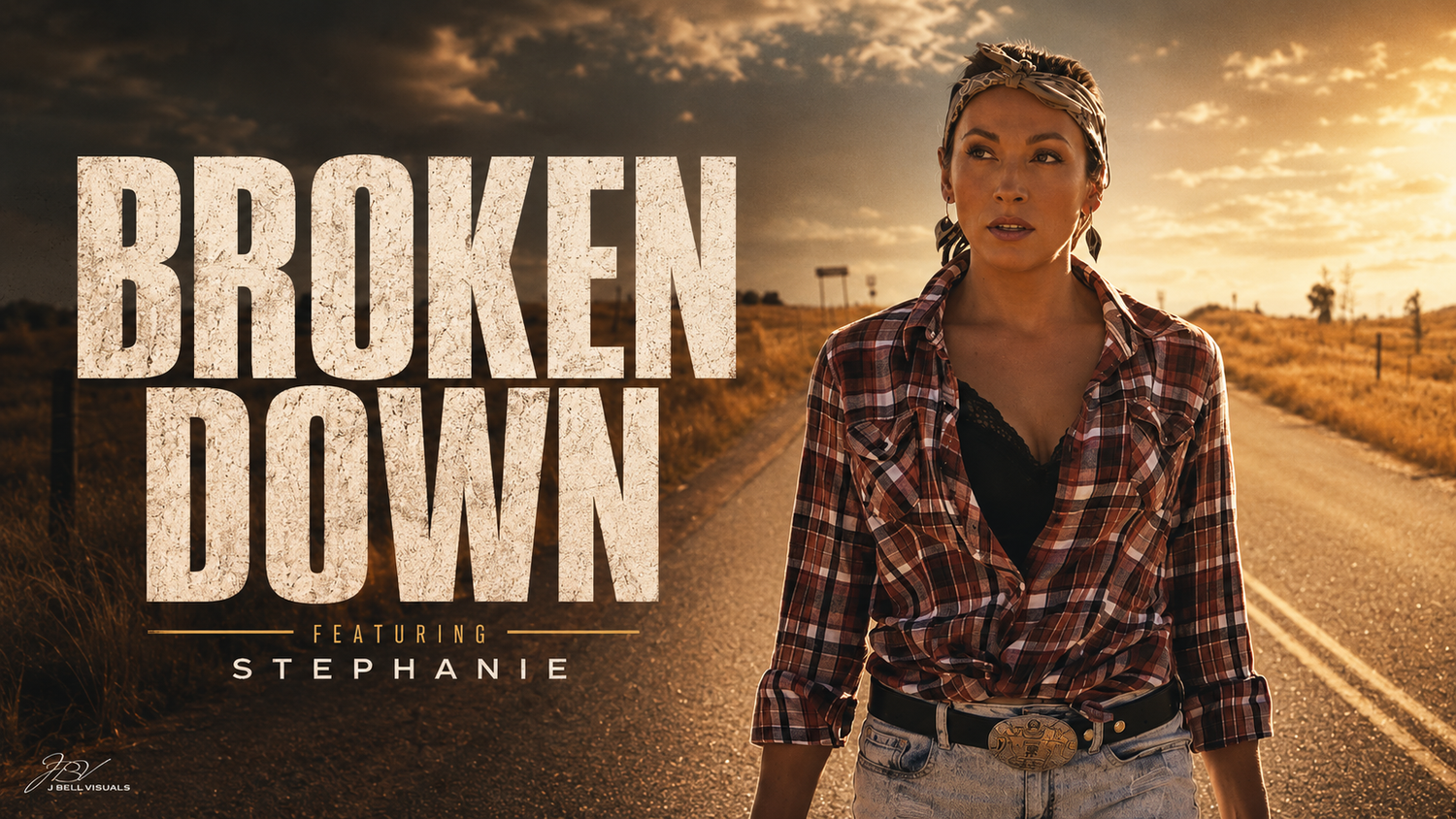 Broken Down featuring Stephanie, a woman in a plaid shirt stands on a desert road at sunset.
