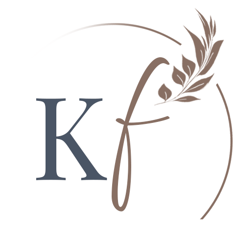 Elegant KF monogram logo with serif K, cursive f, botanical wheat branch, and circular arc in slate blue and taupe.