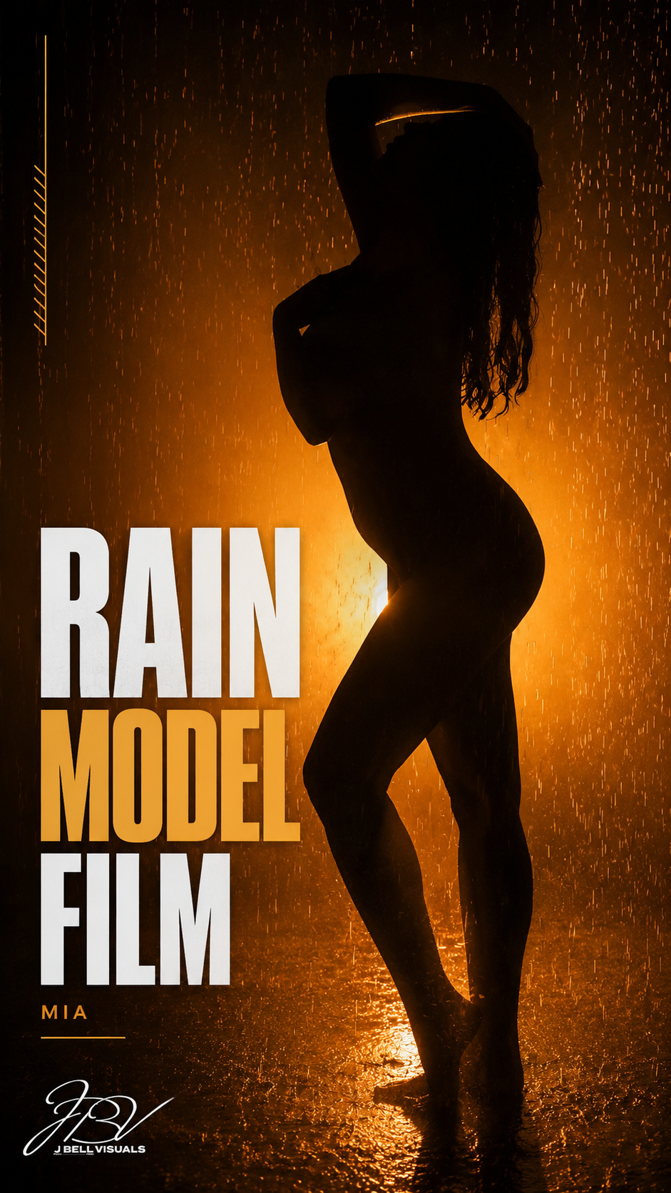 Silhouette of model Mia in golden rain light for J Bell Visuals Rain Model Film promotional poster.