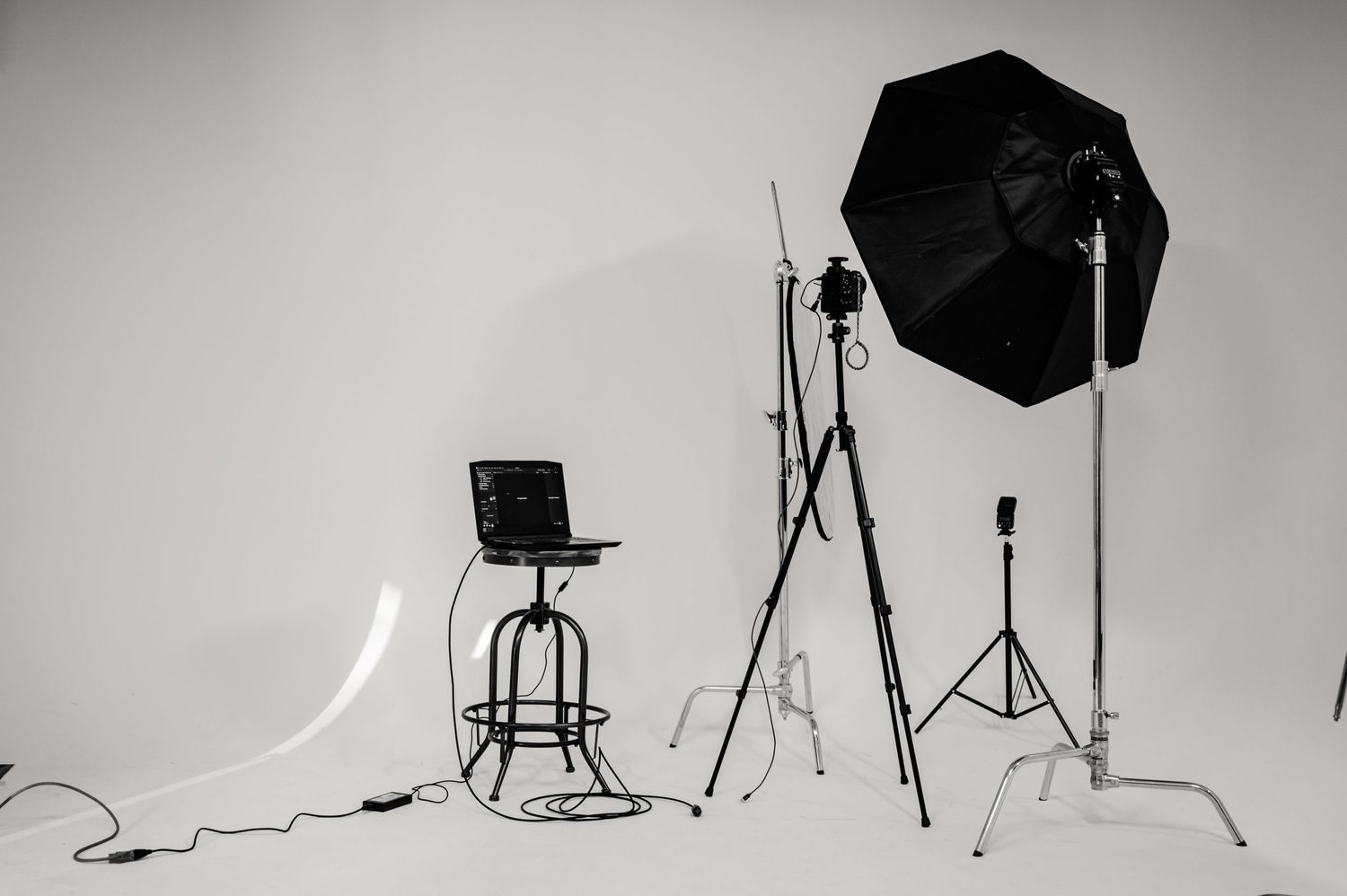 Professional photography studio setup with lighting equipment and black umbrellas on stands against white background.