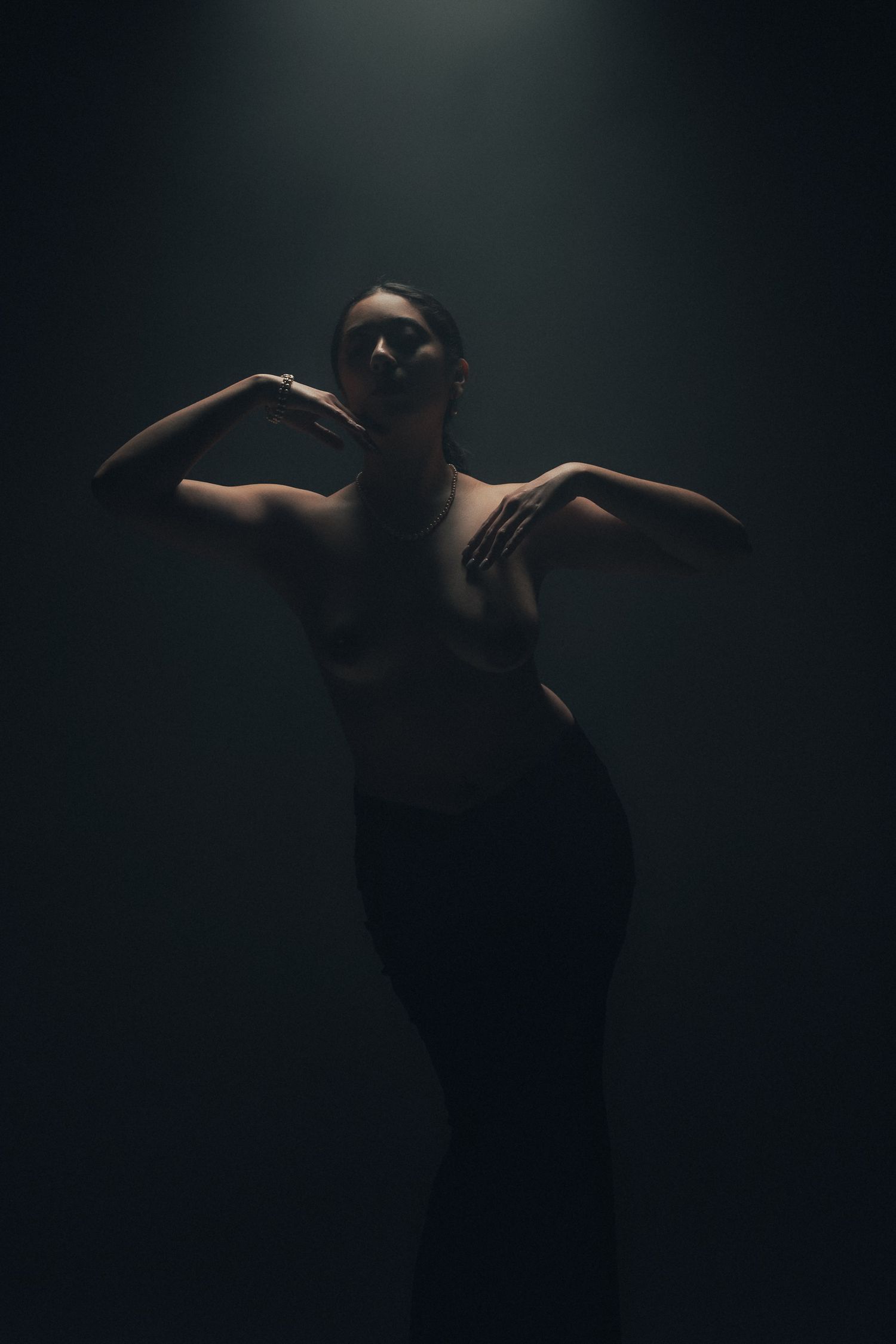 A dancer poses dramatically under a single spotlight against a dark background, arms extended gracefully.