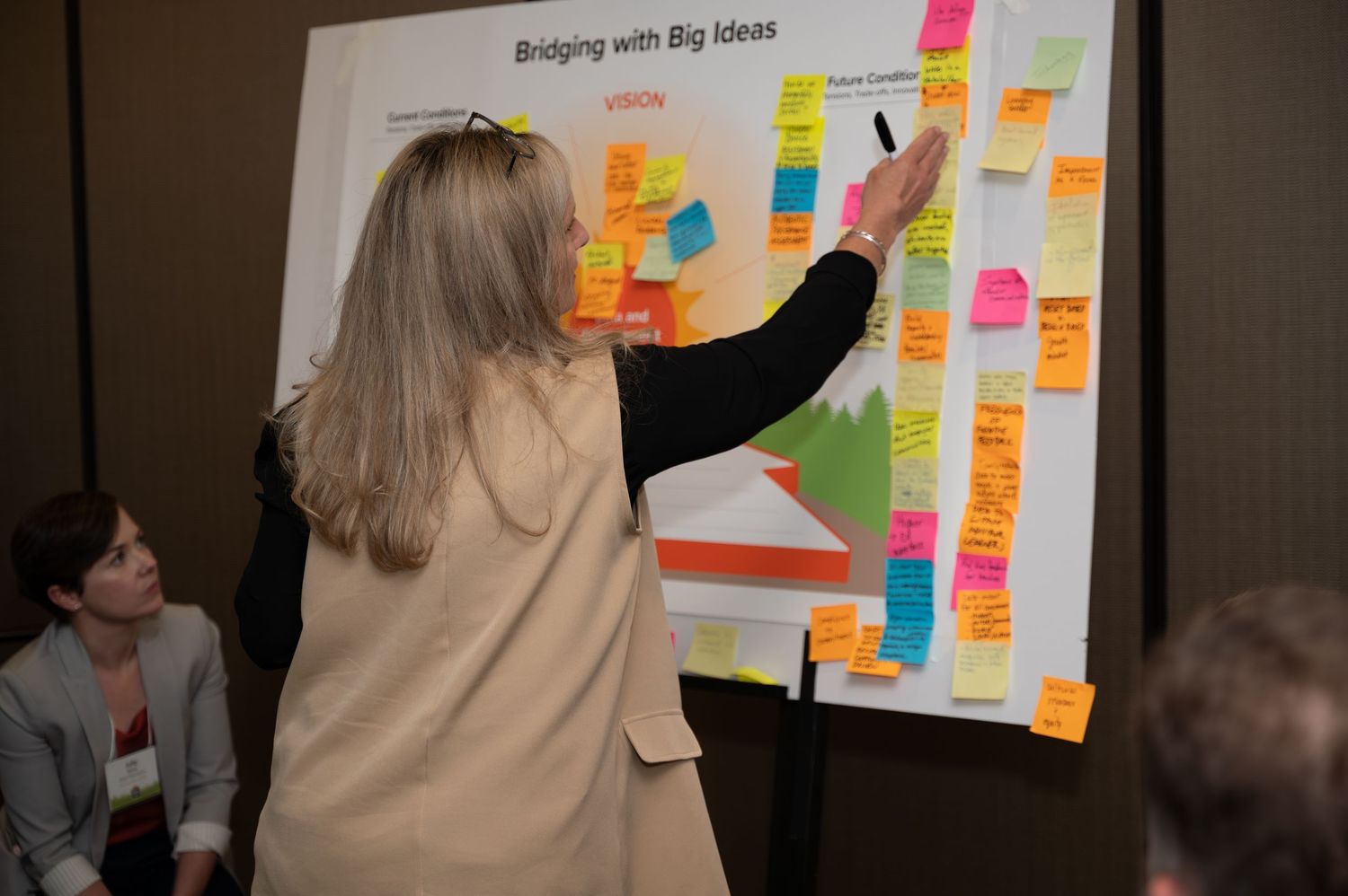 Workshop participants brainstorming with colorful sticky notes on a wall display.