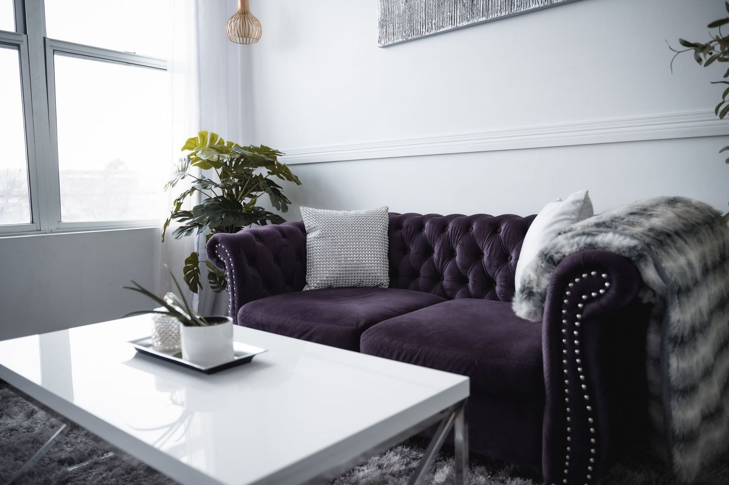 Modern bedroom interior featuring dark tufted headboard, gray bedding, and white walls with natural lighting.