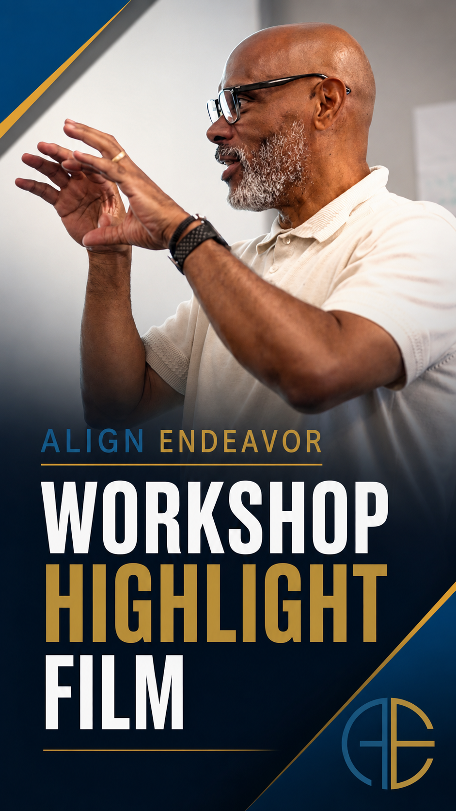 A man gestures expressively during the Align Endeavor Workshop Highlight Film event, wearing glasses and a white polo shirt.