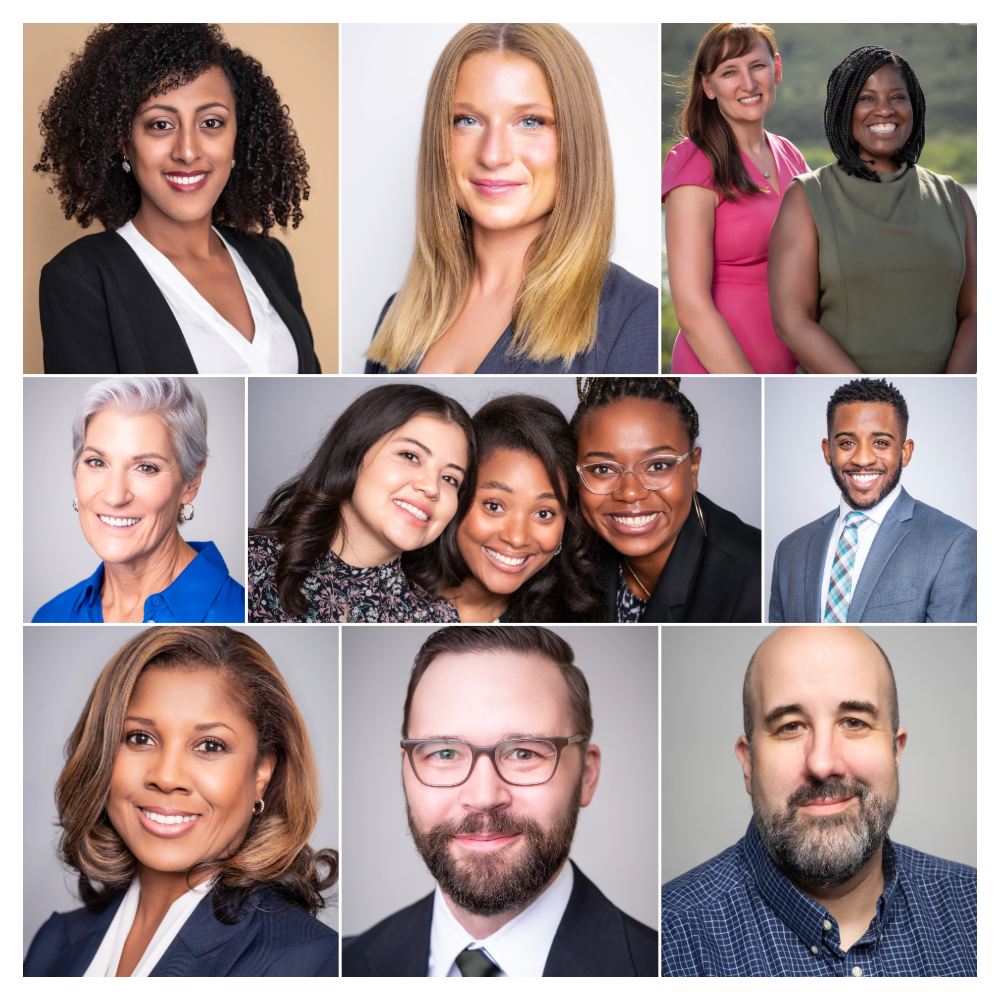 Professional headshot portraits of diverse business people smiling against neutral backgrounds in a photo collage.