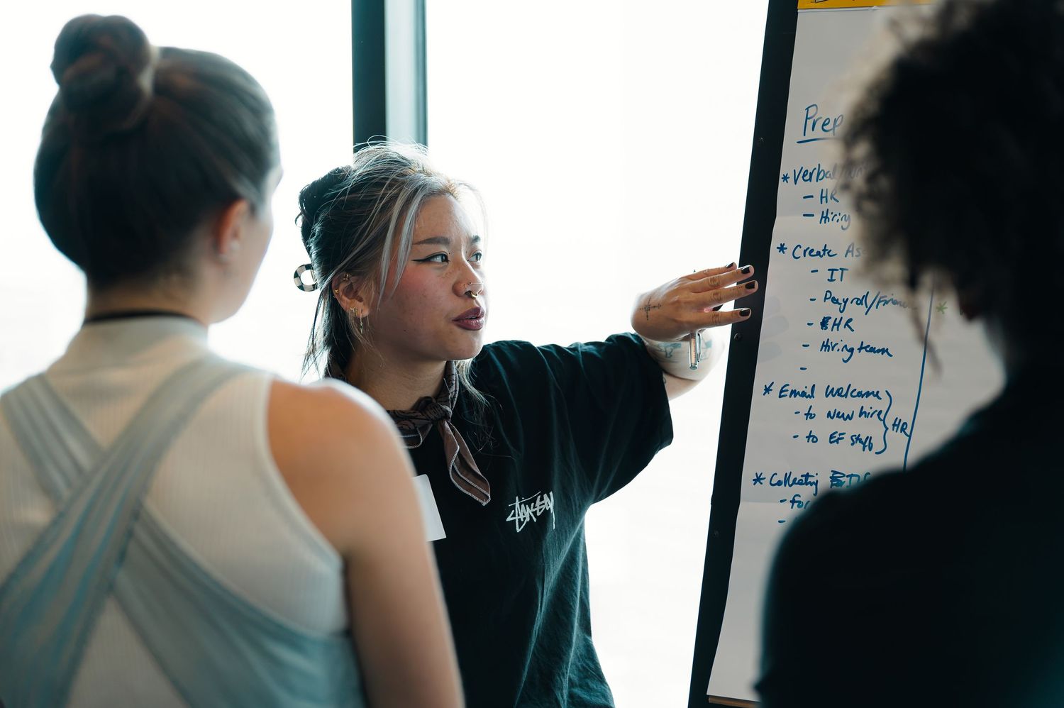 Young woman presenting ideas on a whiteboard to colleagues during a collaborative brainstorming session.