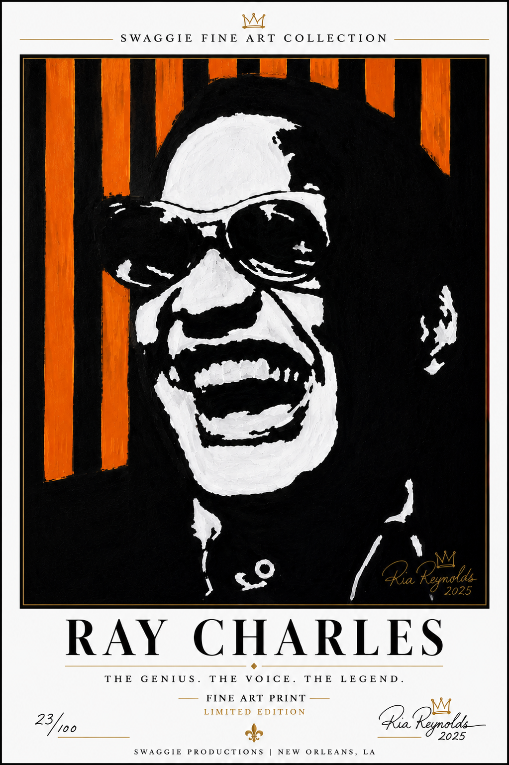 Ray Charles fine art print poster from Swaggie Fine Art Collection, limited edition 23/100, New Orleans LA, 2025.