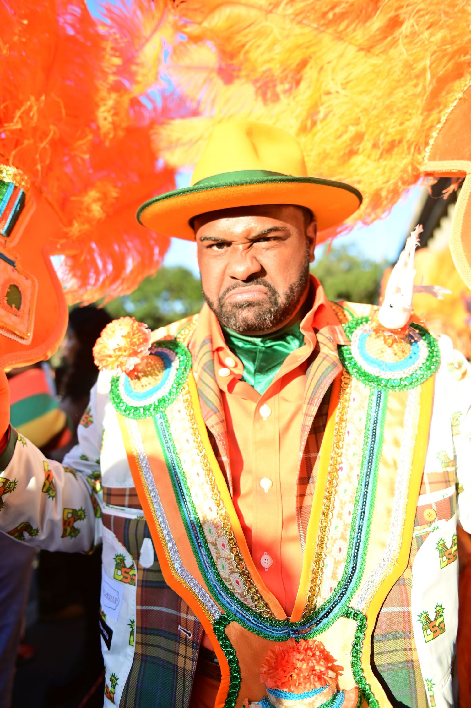 Festival performer in elaborate plaid costume with orange feathers shows intense expression.