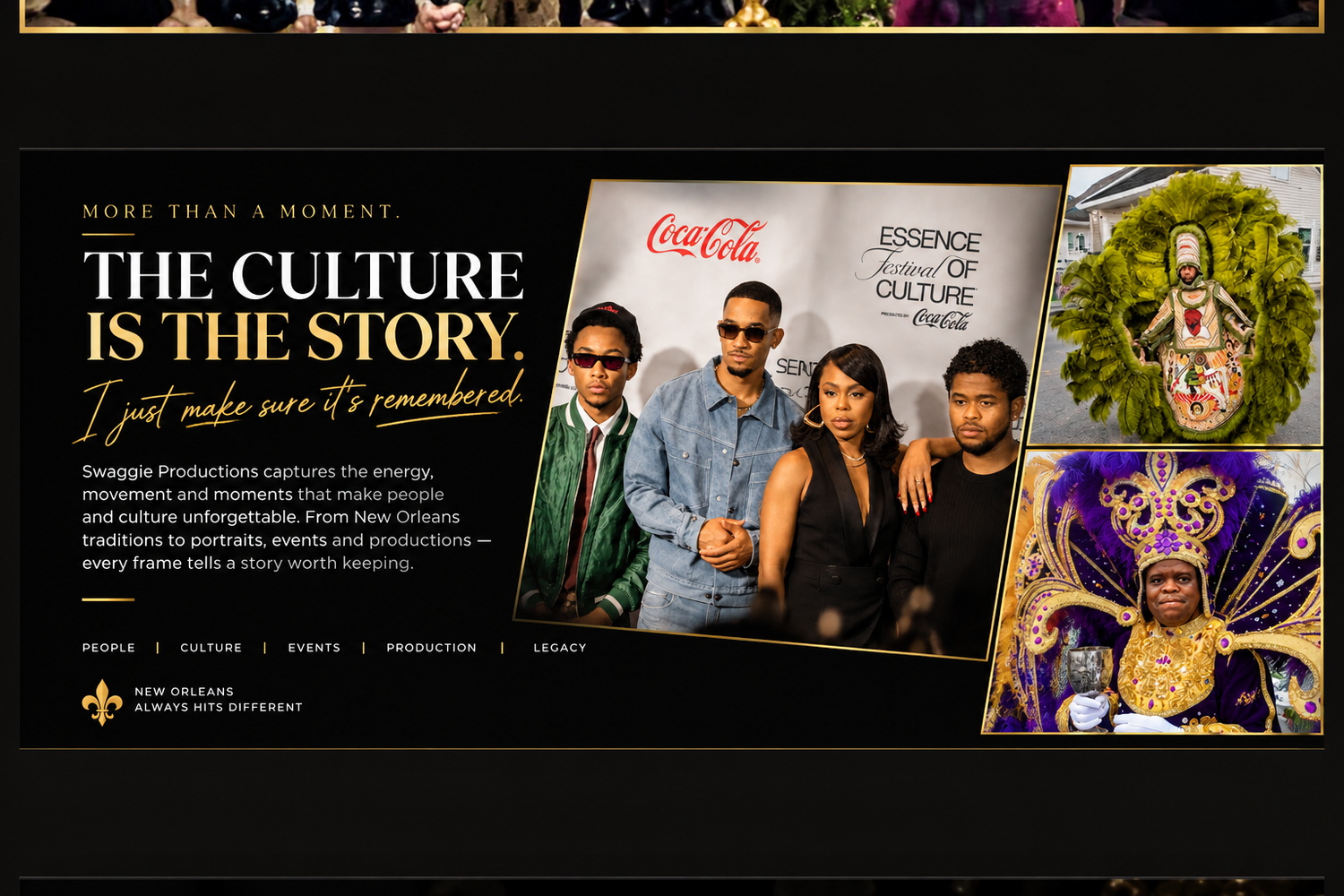 Swagge Productions website featuring Coca-Cola and Essence Festival branding with diverse performers in vibrant cultural costumes.