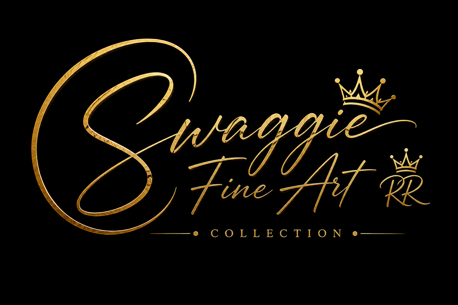 Gold script logo for Swaggie Fine Art RR Collection on black background with crown accents.
