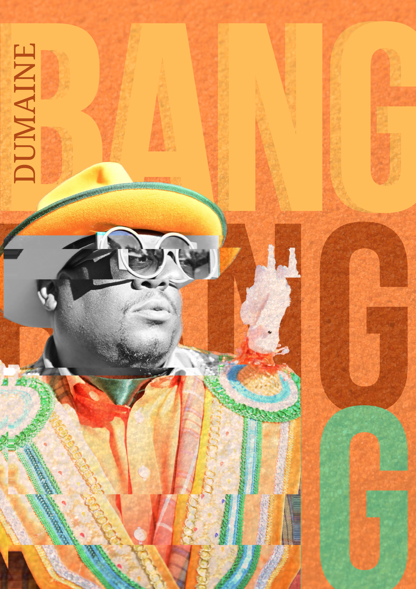 Colorful poster of Dumaine wearing a sombrero and sunglasses with bold orange BANG typography on gradient background.