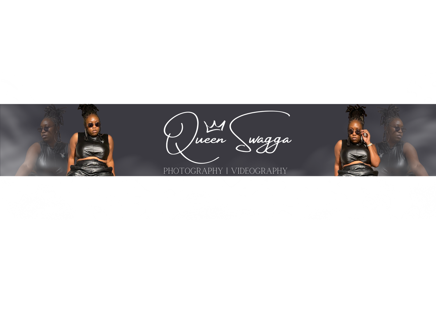 Queen Swagga photography and videography banner featuring a stylish woman posing in sunglasses on a dark background.