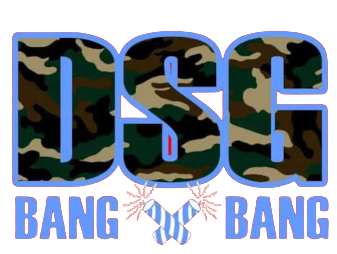Camouflage pattern text design with blue outline and sparkle effects.