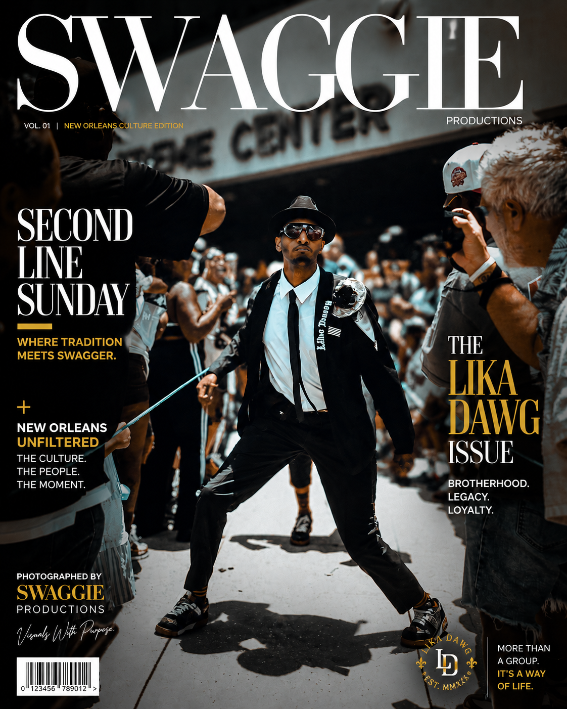 Swaggie Productions magazine cover featuring Second Line Sunday in New Orleans with a stylish man dancing in a black suit and hat.