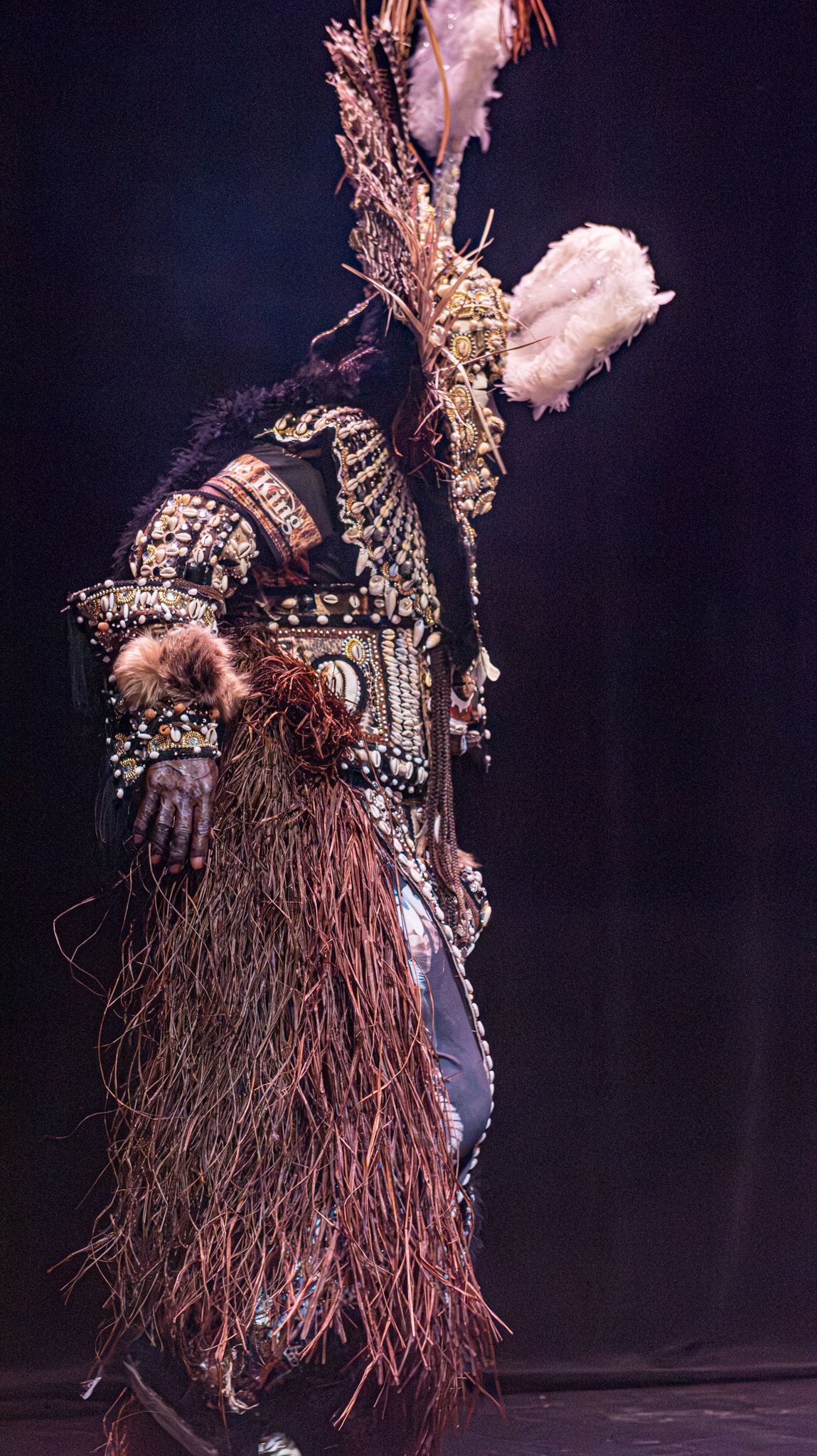 Performer in ornate tribal costume with beaded jacket, feathered headdress, and flowing fringe skirt on dark stage.