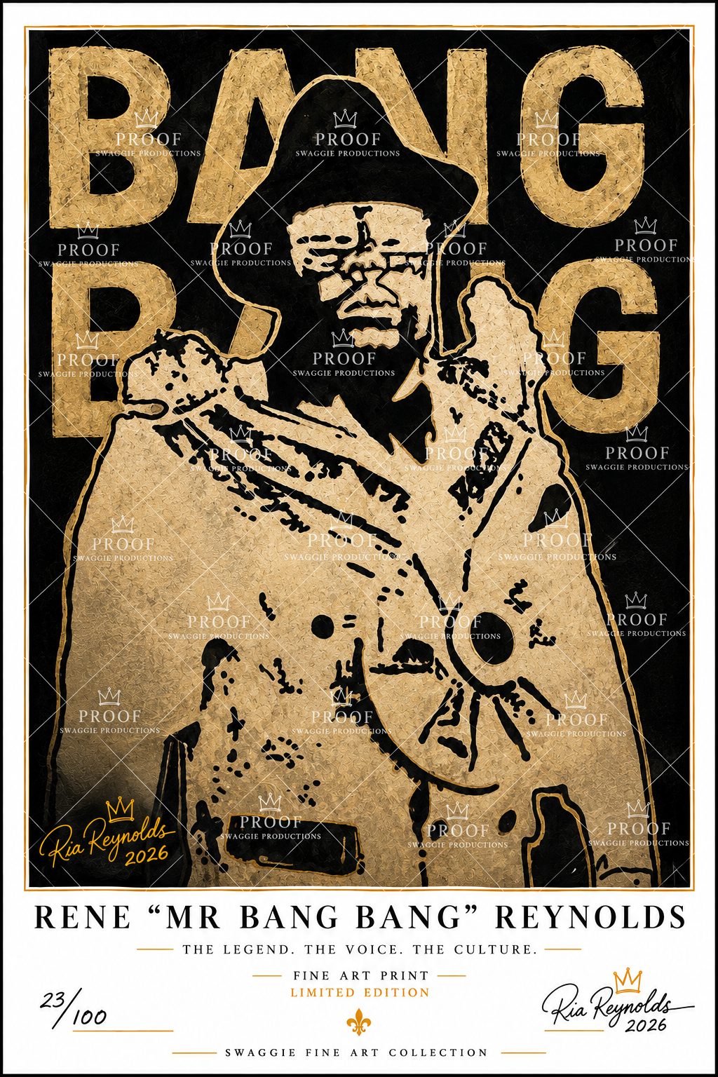 Limited edition fine art print of Rene Mr Bang Bang Reynolds, a gold and black portrait numbered 23/100 by Ria Reynolds 2026.