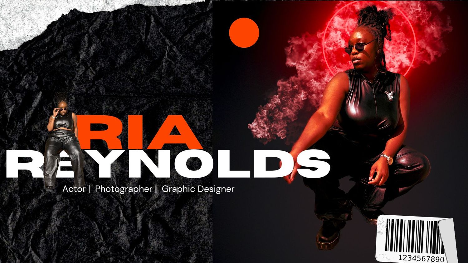 Ria Reynolds actor photographer and graphic designer promotional banner with bold typography red lighting and dramatic dark background.
