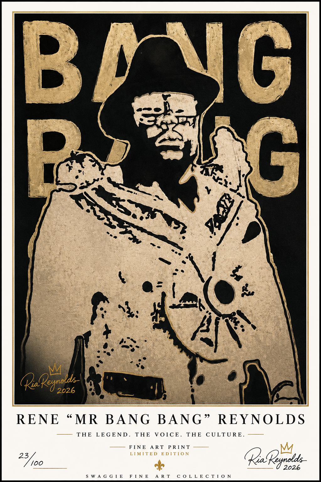 Gold and black fine art print of Rene Mr Bang Bang Reynolds, limited edition 23/100, Swaggie Fine Art Collection 2026.