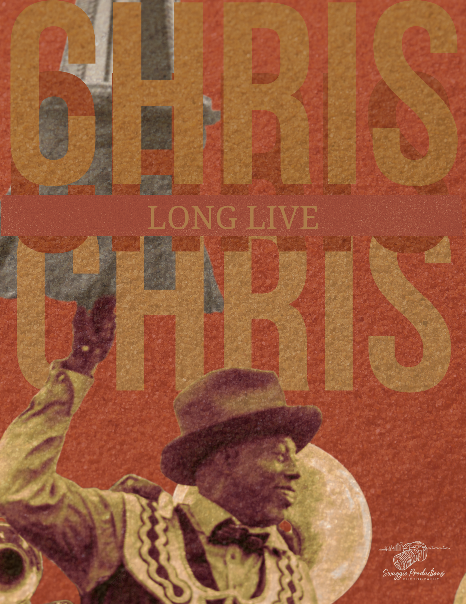Vintage-style poster for Chris featuring bold typography and a musician playing trumpet, titled Long Live Chris.