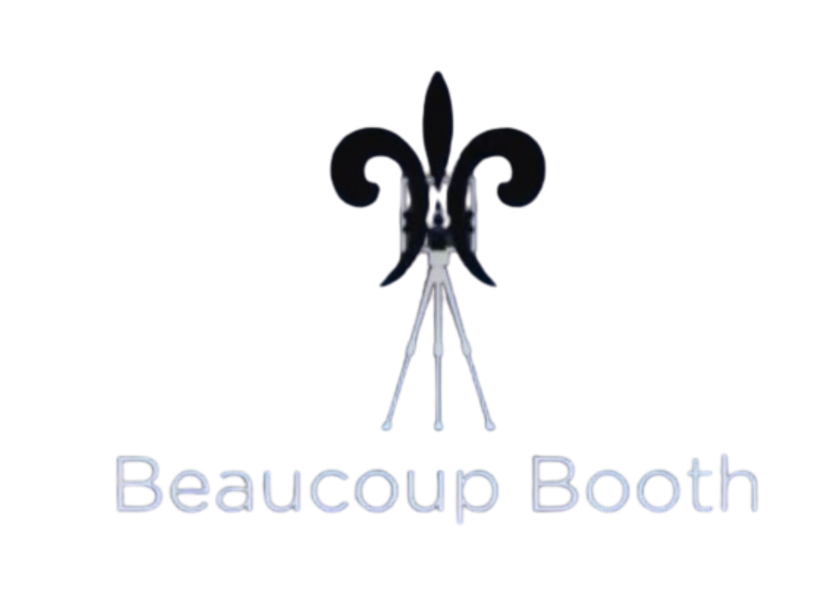 Black fleur-de-lis symbols and text reading 'Beaucoup Booth' arranged horizontally.