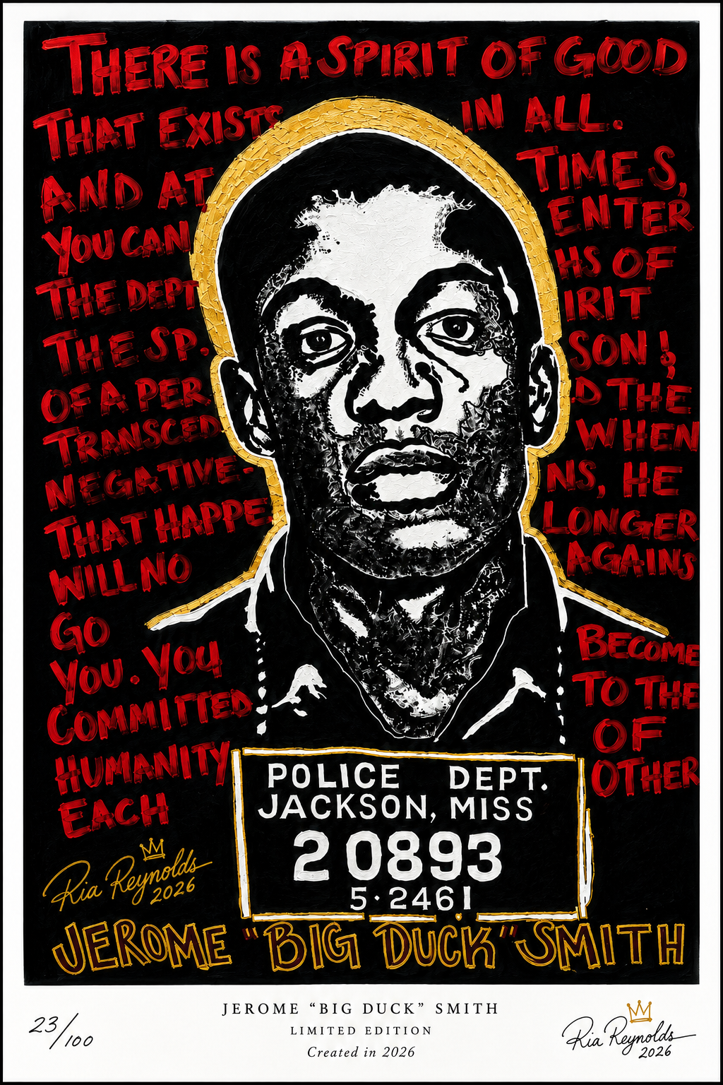 Limited edition art print of Jerome Big Duck Smith's mugshot with bold red text and gold accents by Ria Reynolds, 2026.