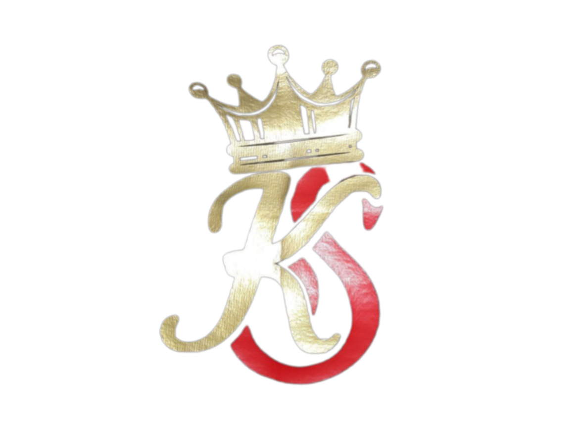 Gold crown logo designs with red accents arranged horizontally.