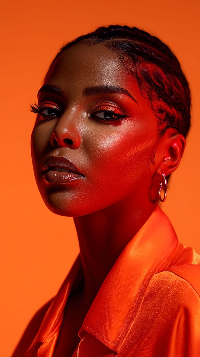 Artistic portrait series with dramatic red lighting against an orange background.