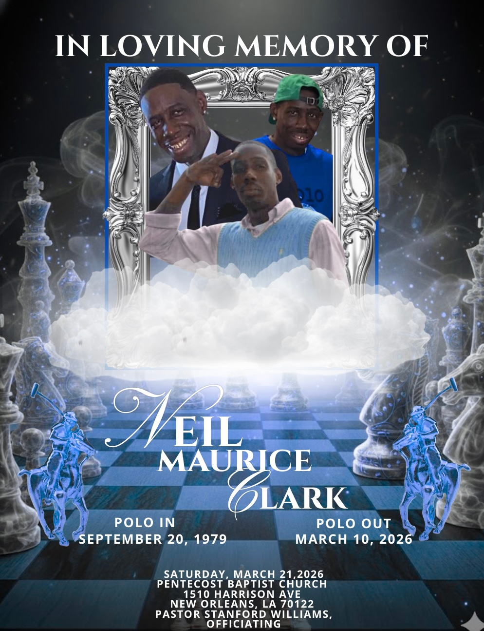 Memorial card for Neil Maurice Clark, born September 20, 1979, passed March 10, 2026, with chess theme.