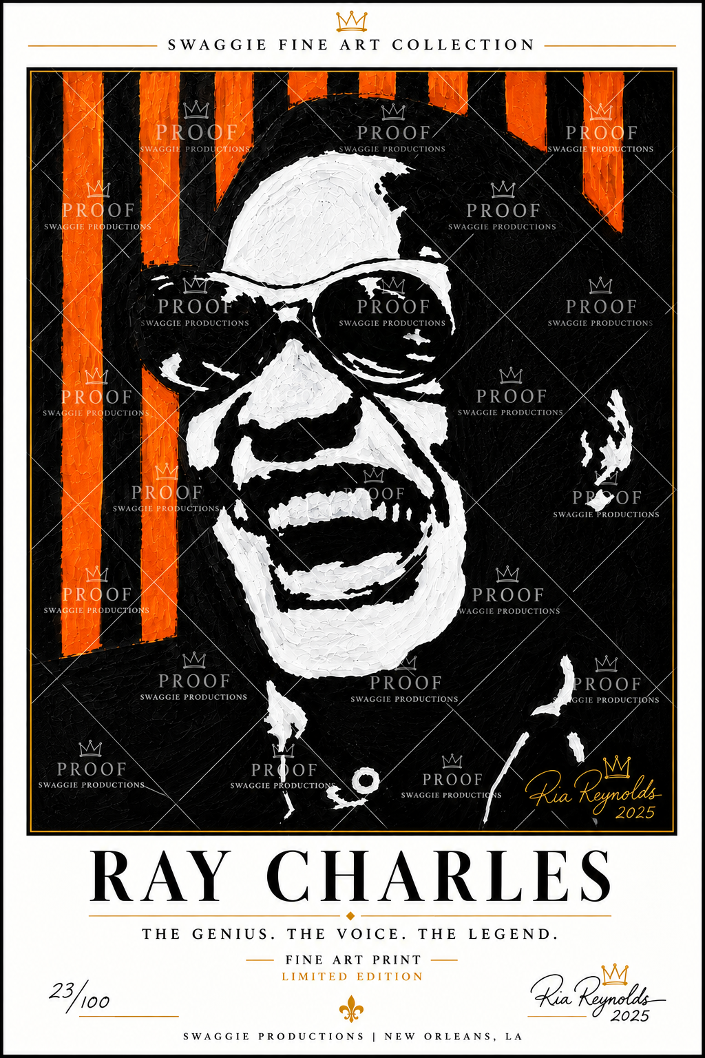 Ray Charles fine art limited edition print 23/100 by Ria Reynolds, featuring bold black and white portrait with orange stripes.