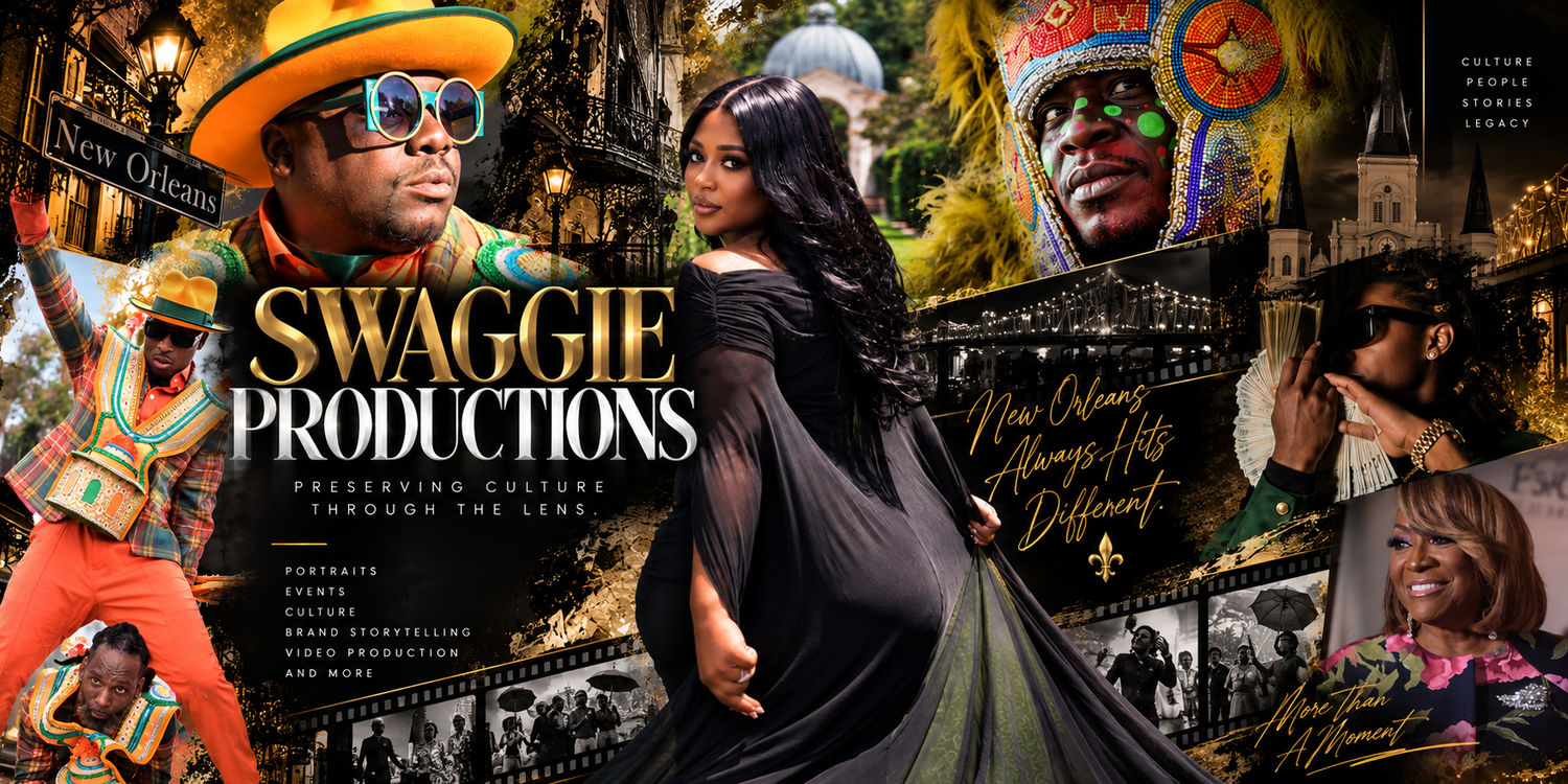 Swaggie Productions banner featuring vibrant New Orleans culture with colorfully dressed performers and festive street scenes.