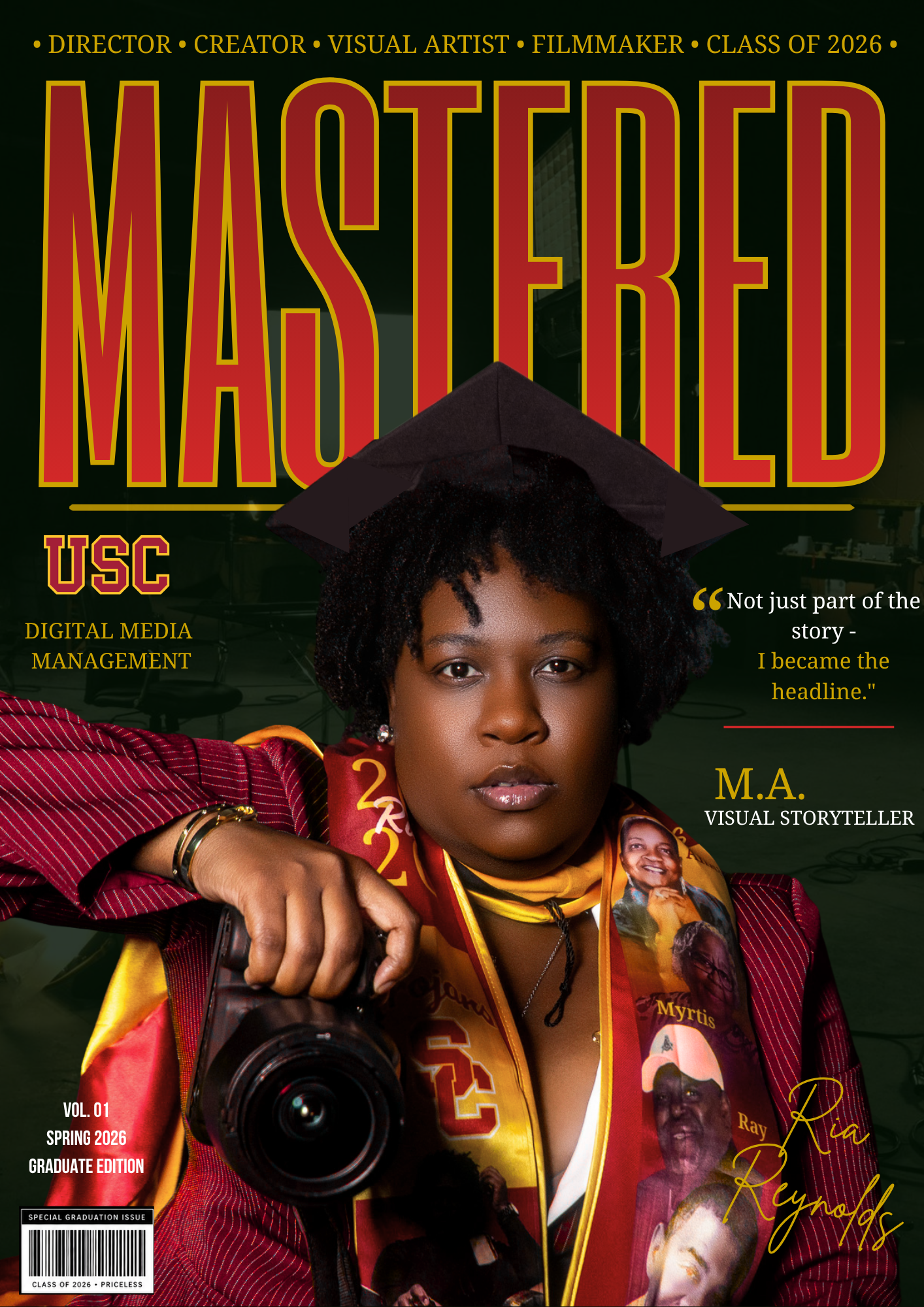 USC Digital Media Management graduate Ria Reynolds poses in cap and gown holding a camera on Mastered magazine cover.