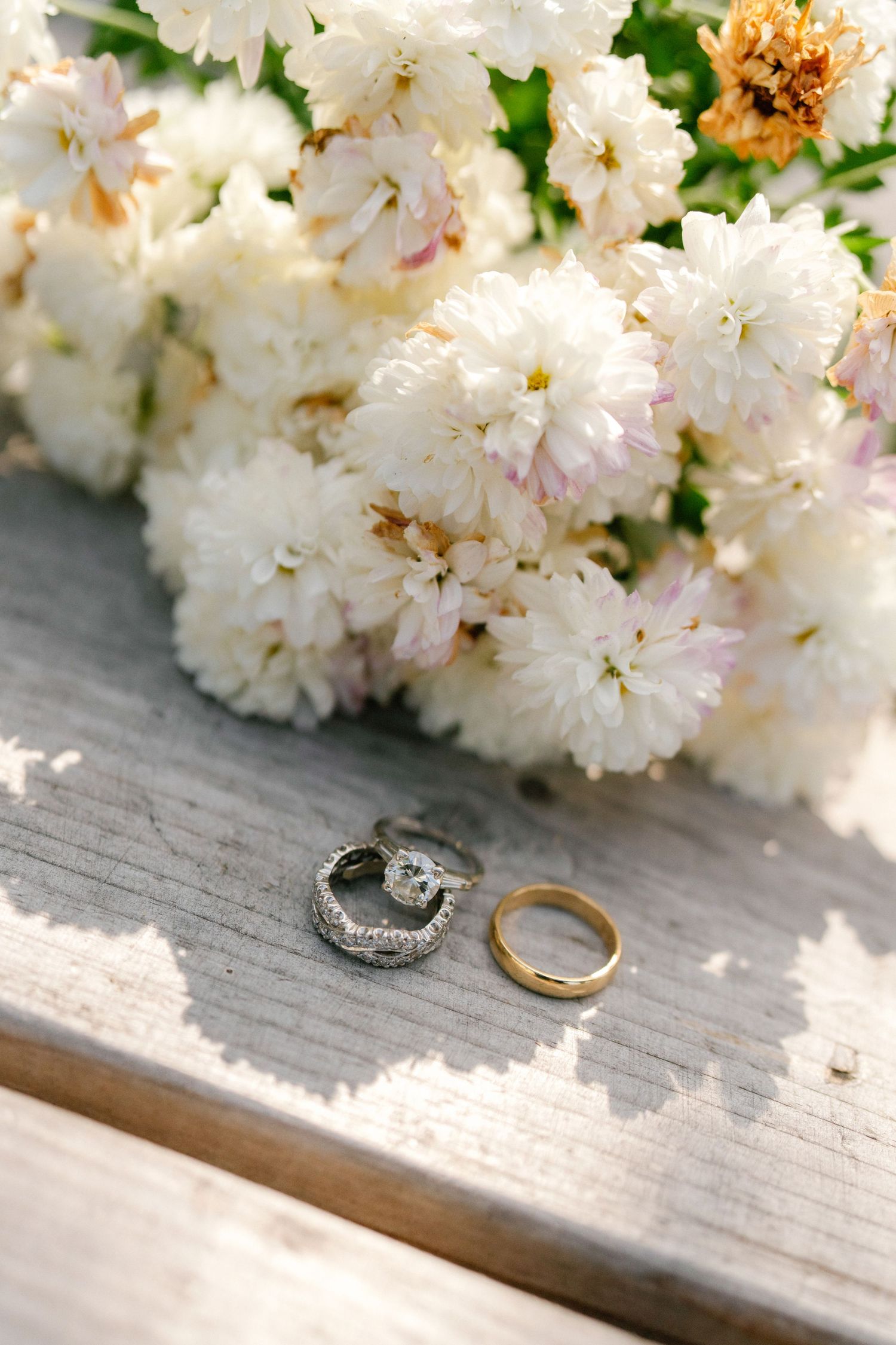 Wedding rings displayed on wood with delicate white flowers in soft natural lighting.