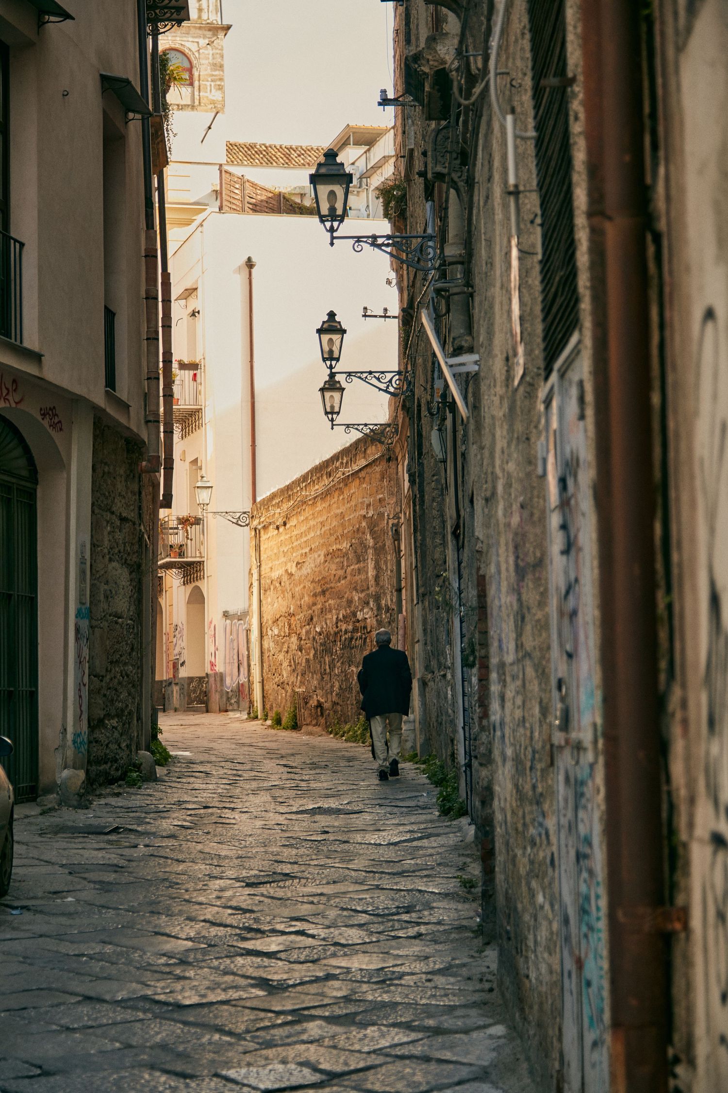 Narrow cobblestone alley with traditional lanterns and historic architecture.