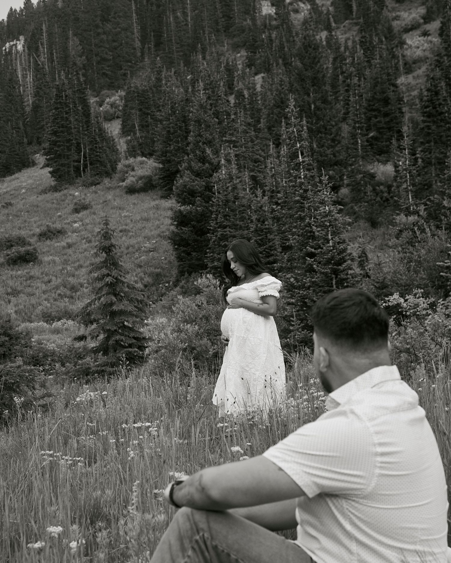 A scenic mountain view with evergreen trees and a couple enjoying a peaceful moment in nature.