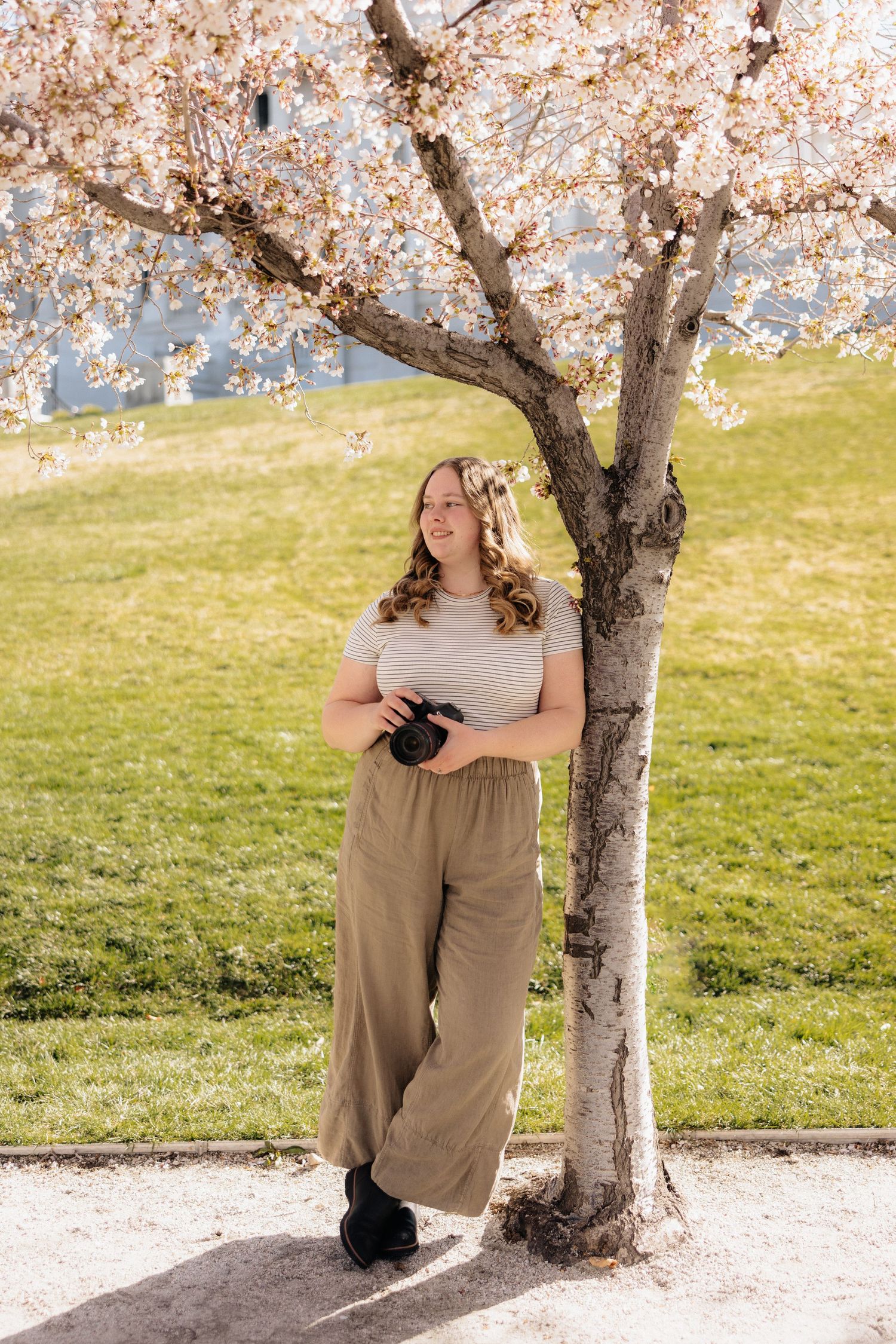 A person stands beneath a blooming cherry blossom tree on a sunny spring day holding a camera.