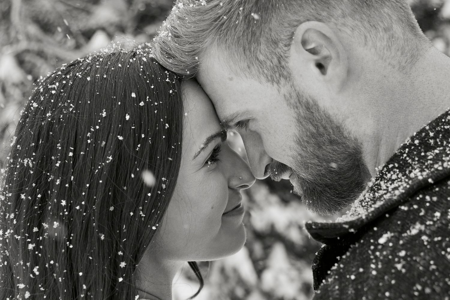 Black and white intimate portrait with snowflakes falling in winter forest setting.