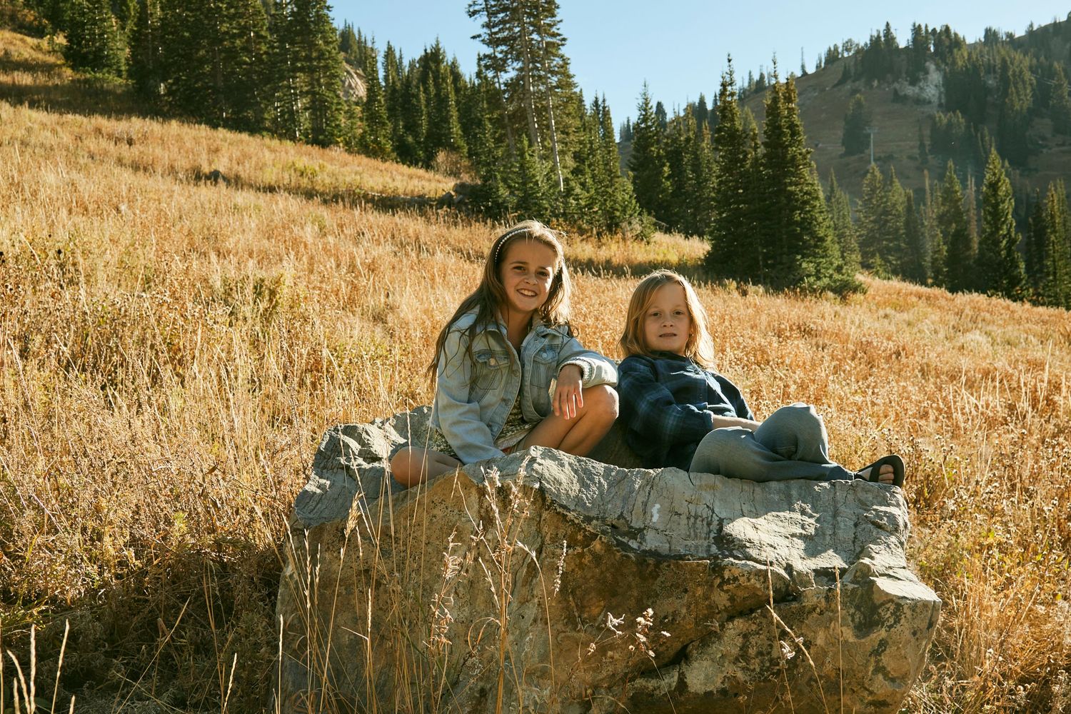 Two people sitting on large rock in mountain meadow with golden grass and evergreens.