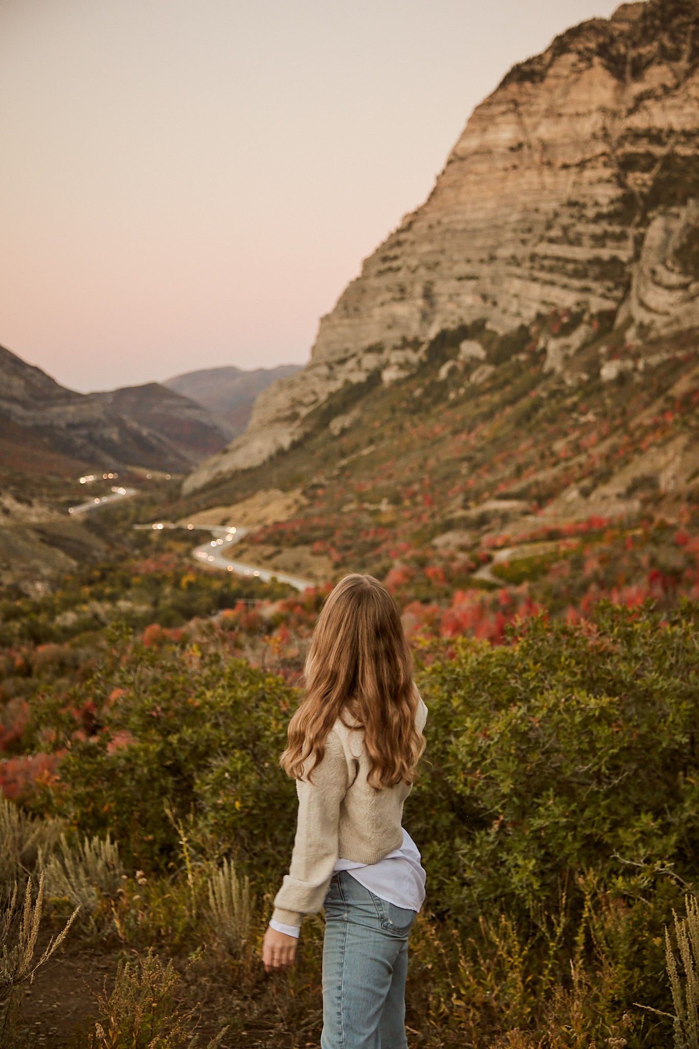 Back view portrait overlooking mountainous valley with autumn colors at sunset.