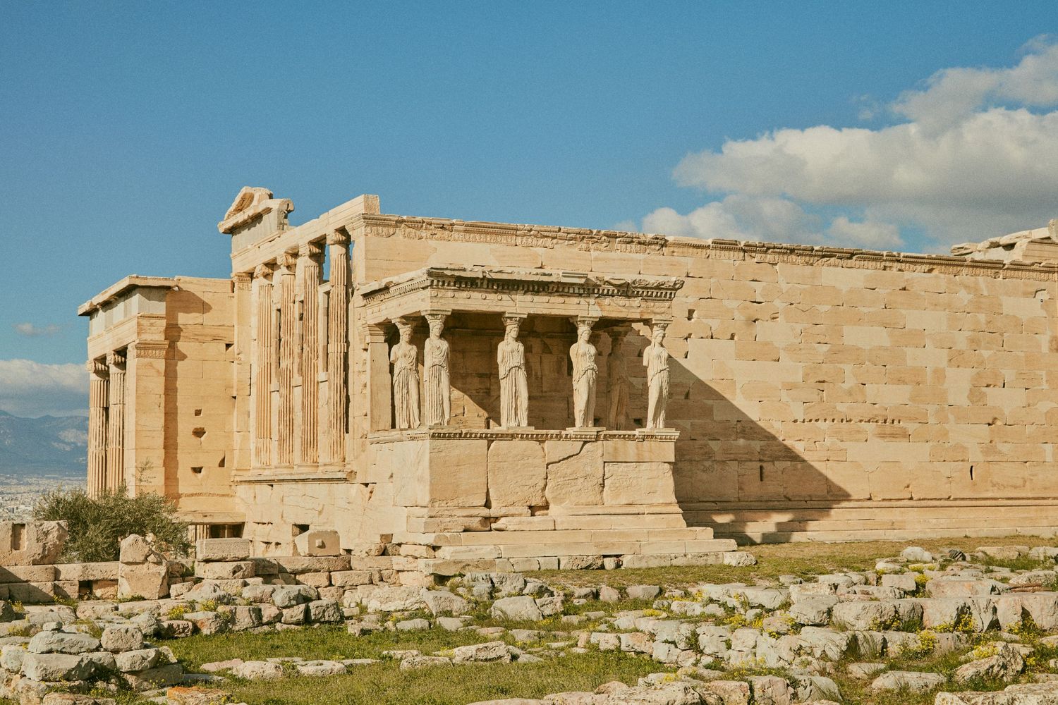 Ancient Erechtheion temple with Caryatid columns on the Acropolis in Athens.