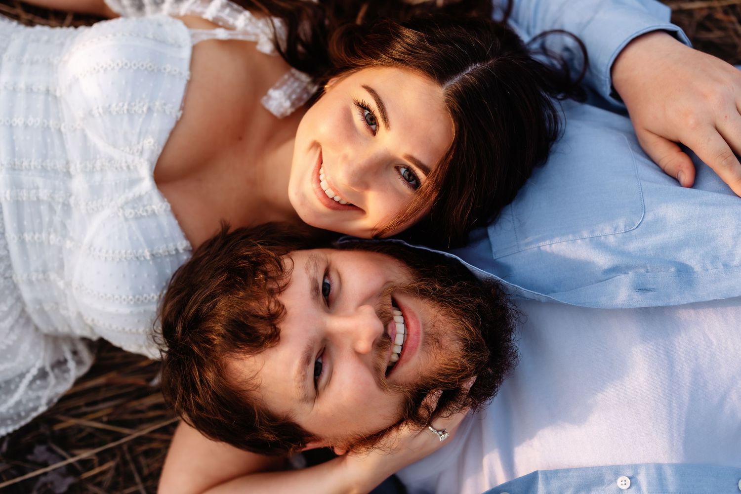 A collage of intimate portraits showing two people lying together in soft daylight with white bedding.