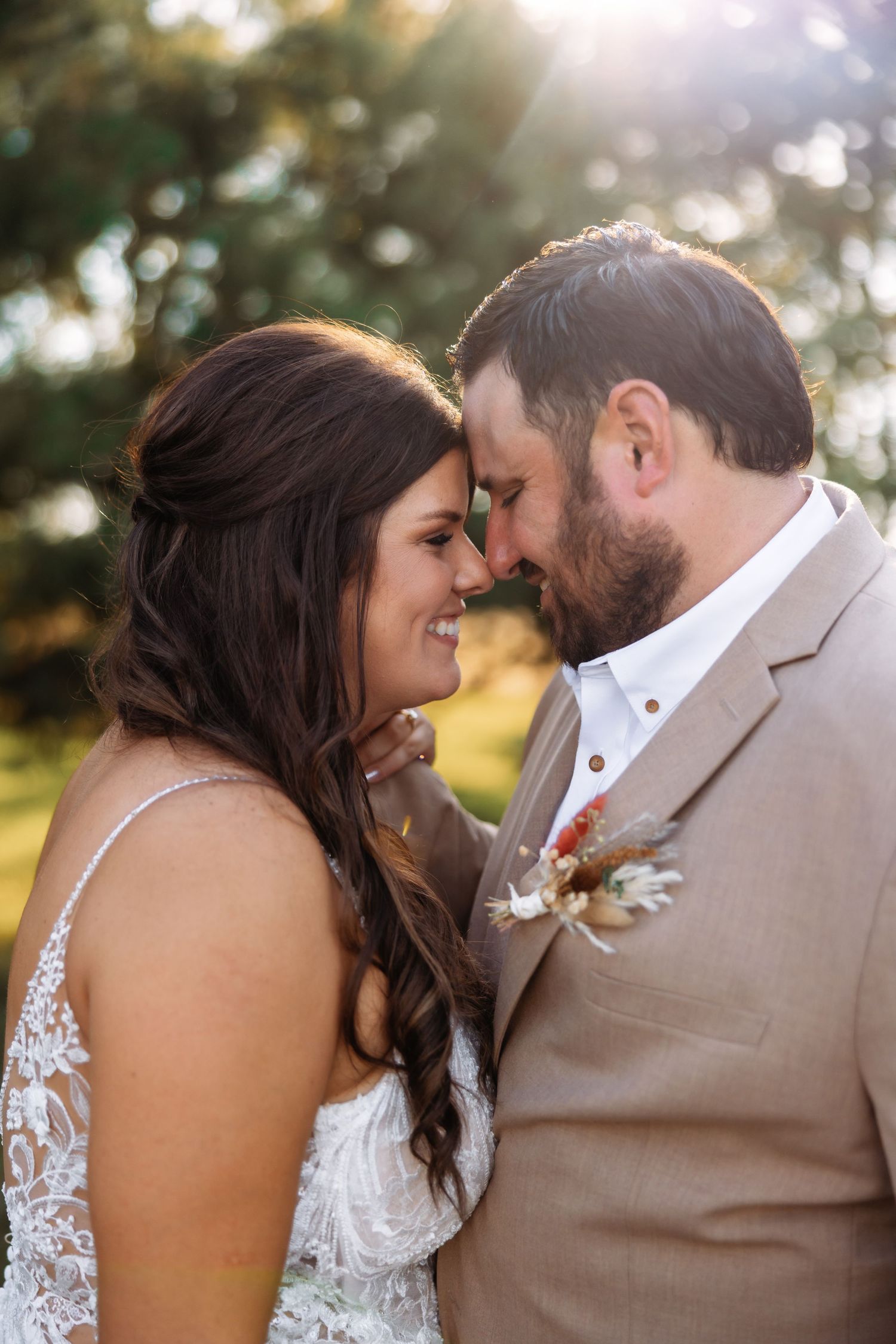 A romantic series of wedding photos showing a couple in a white dress and tan suit sharing tender moments at sunset.