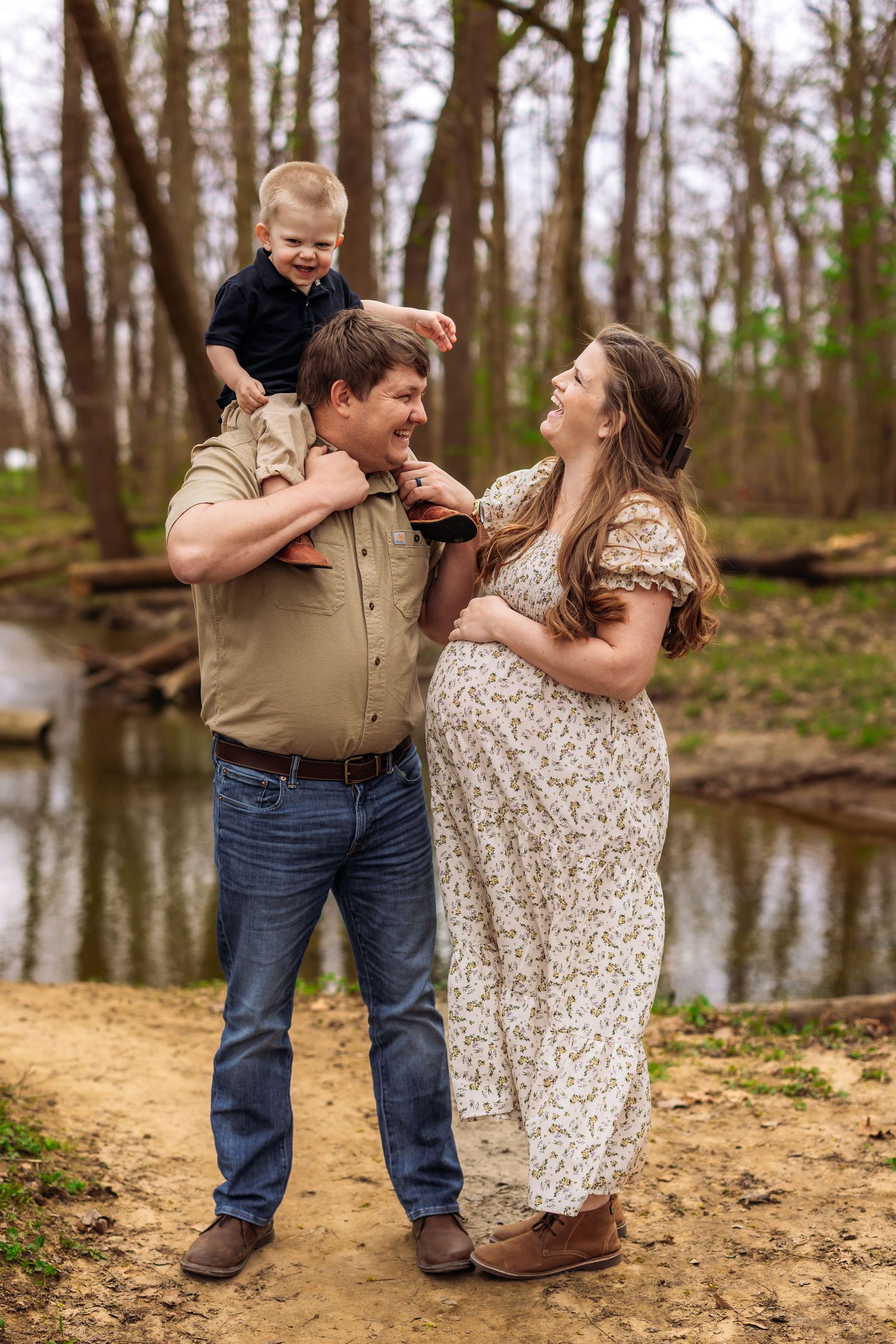 A heartwarming photo sequence by a reflective pond shows a couple sharing tender moments and dance moves together.