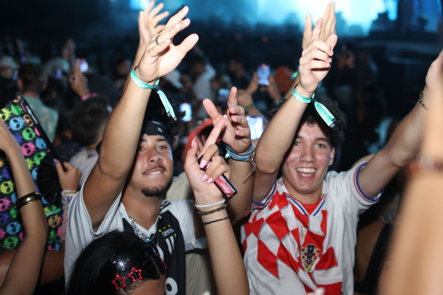 Excited crowd raising hands and cheering at a nighttime music festival.