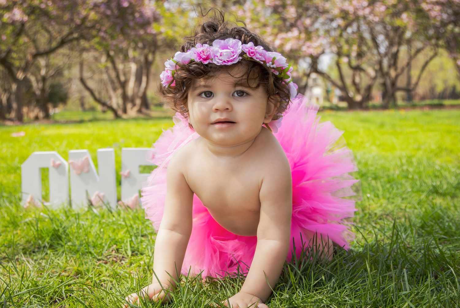 Baby in pink tutu and flower crown crawling on grass with 'ONE' letters in background.