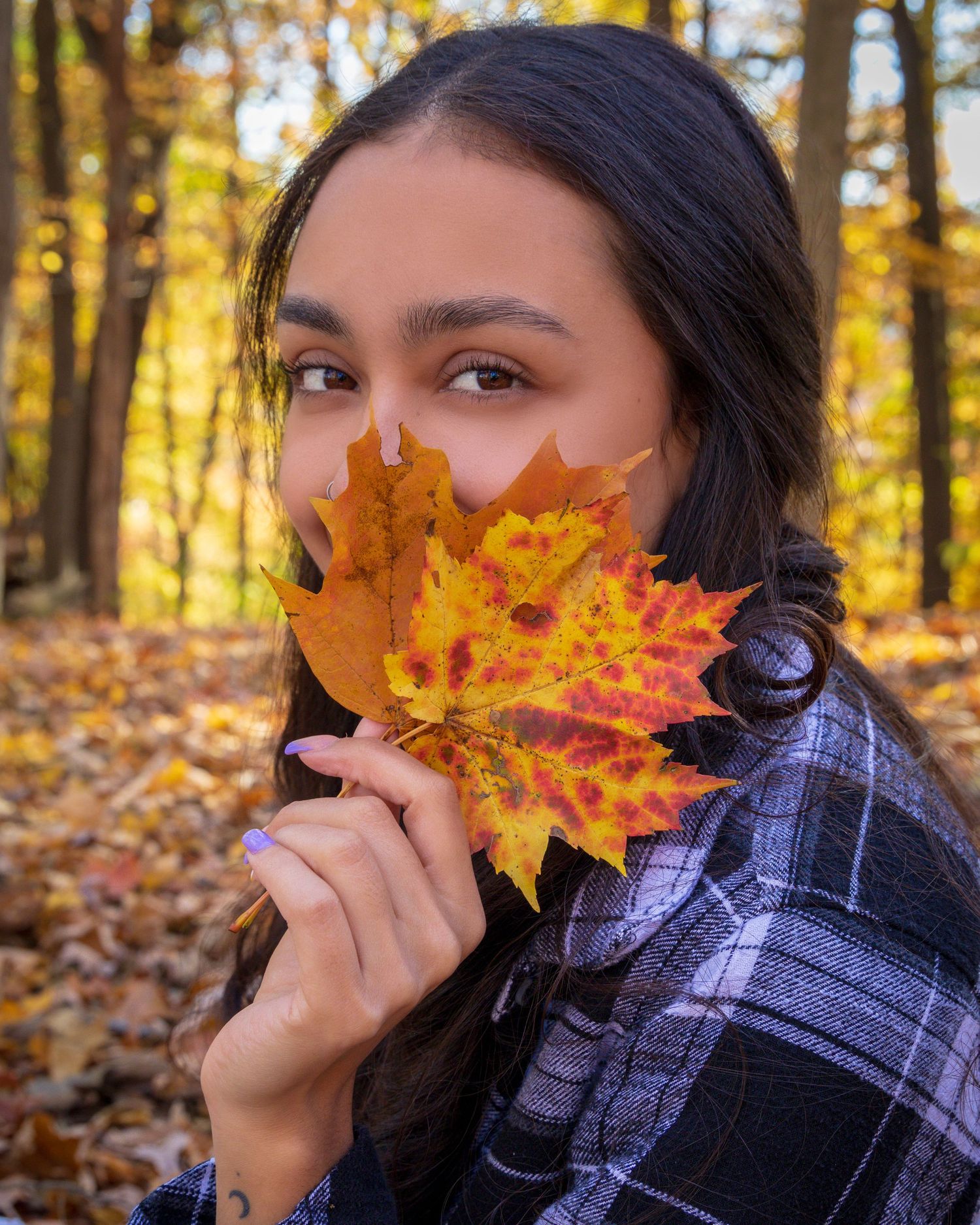 Young woman holding vibrant autumn maple leaves in a sunlit forest, wearing a plaid shirt, with fall foliage background.