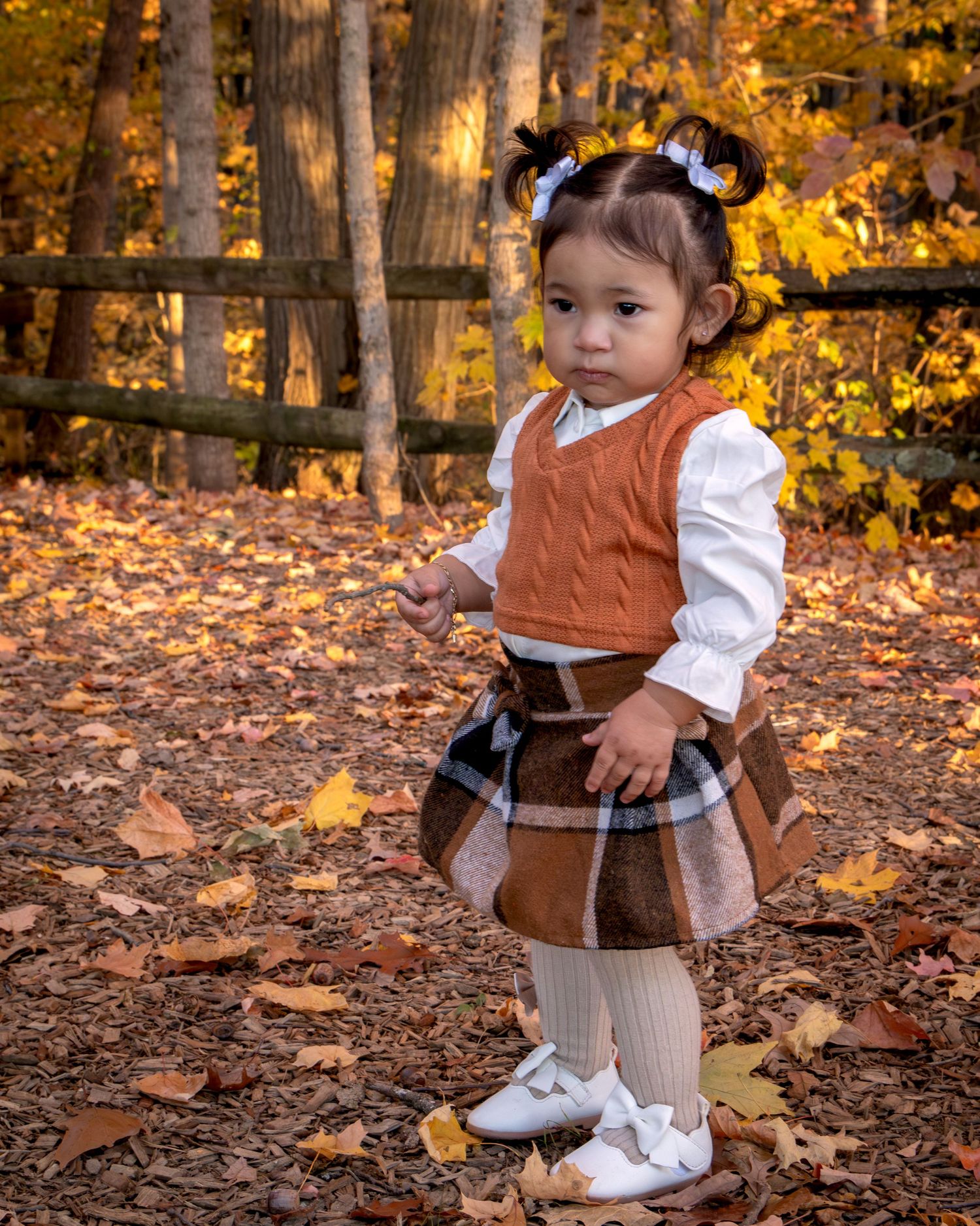 Toddler girl in fall outfit with plaid skirt stands among autumn leaves in a wooded park setting.
