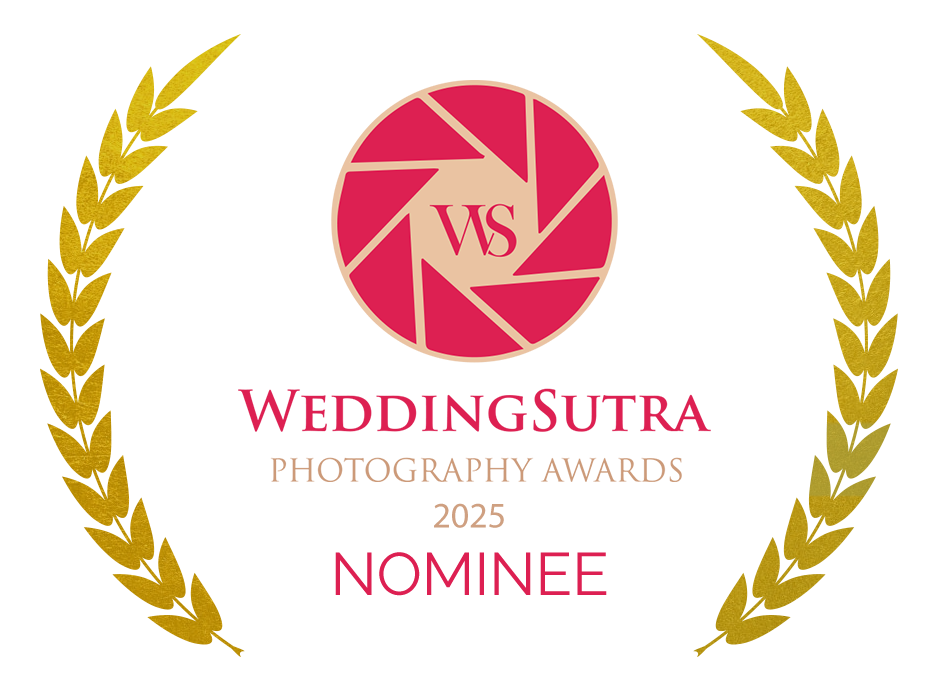 A row of gold laurel wreath graphics with pink WeddingSutra Photography Awards nominee badges.