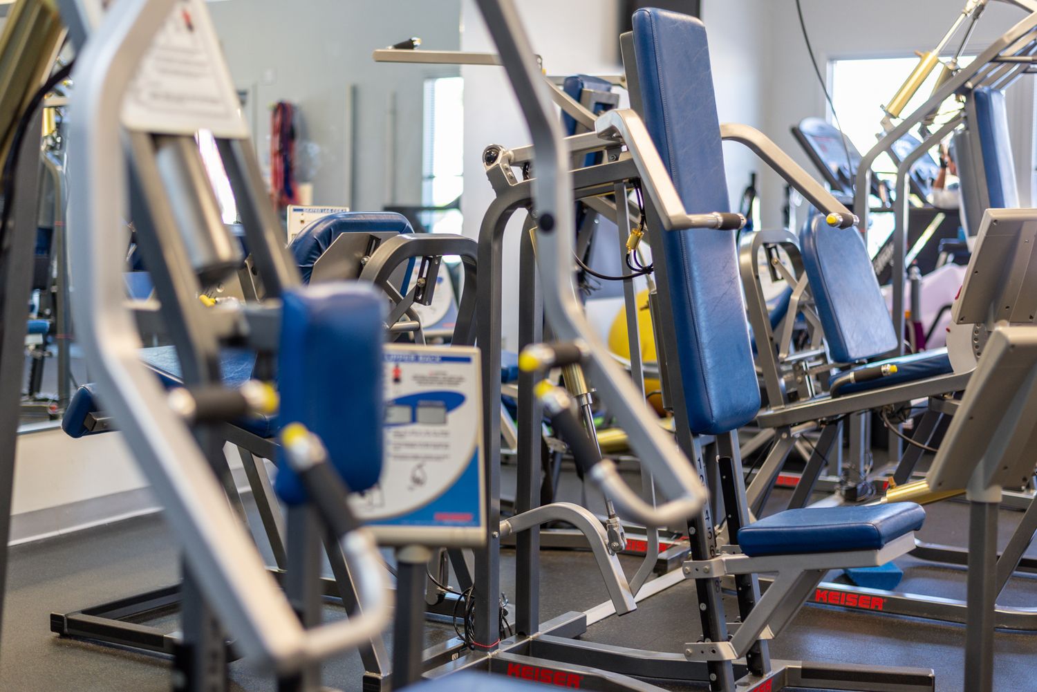 Row of blue and silver weight machines in a well-equipped gym fitness center.