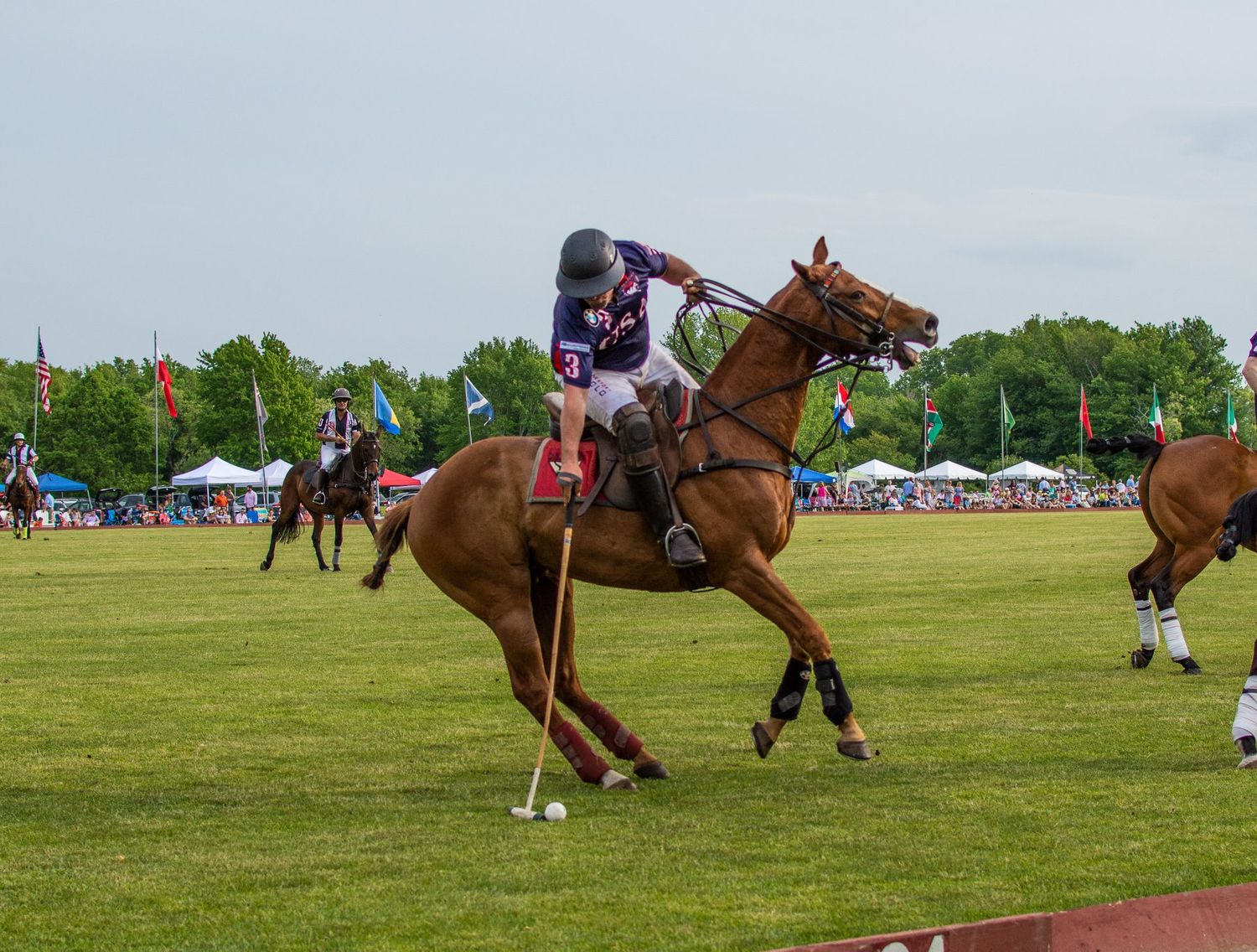 Polo player on horseback swinging mallet during a competitive polo match.