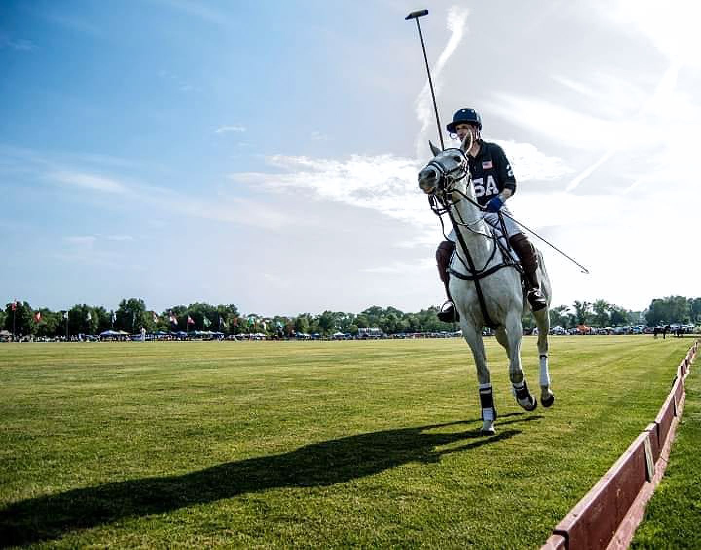 A polo player in helmet rides a white horse across a lush green field, mallet raised, on a sunny day.